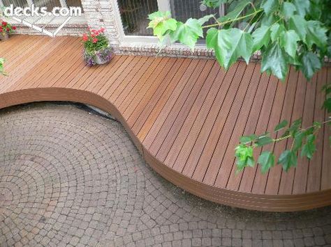 deck idea Backyard Pavers, Wood Deck Designs, Hot Tub Pergola, Curved Deck, Curved Pergola, Pavers Backyard, Deck Pictures, Brick Patio, Wooden Deck