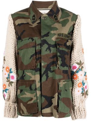 Camouflage Fashion, Panel Jacket, Military Jacket Green, Army Jacket, Camouflage Print, Camo Jacket, Knit Sleeve, Oversized Jacket, Denim Details