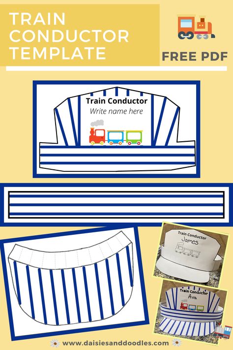 How To Make A Train Conductor Hat, Train Conductor Hats, The Polar Express Activities Preschool, Train Conductor Hat Diy, Train Conductor Hat Craft, Diy Thomas The Train Costume, Preschool Trains Activities, Train Theme Birthday Party Activities, Diy Conductor Hat