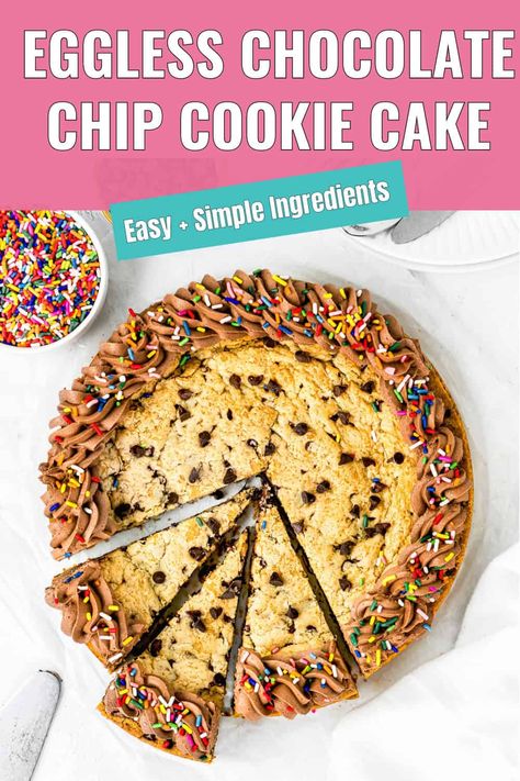 This Eggless Chocolate Chip Cookie Cake is buttery, and rich in the center, with those perfect chewy edges. It’s super easy to make. You don’t need any fancy ingredients or equipment, just some basic pantry staples. Plus, it’s completely egg-free, which is great if you’re dealing with allergies or just out of eggs. This cookie cake is a crowd-pleaser, a fantastic birthday cake for cookie lovers, and a delightful treat that brings a smile to everyone’s face. Egg Free Cookie Cake, Egg Free Chocolate Chip Cookies, Egg Free Dessert Recipes, Eggless Sugar Cookies, Eggless Cookie, Eggless Cookie Recipes, Egg Free Cookies, Eggless Chocolate Chip Cookies, Eggless Cookies