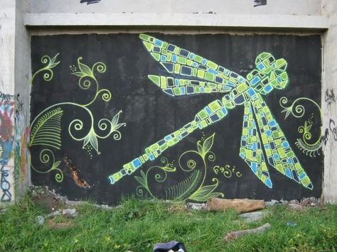 dragonfly mural ~ street art Dragonfly Mural, Whimsical Mural, Mural Street Art, Angel Garden, Dragonfly Painting, Rainbow House, Garden Mural, Damselflies, Community Projects