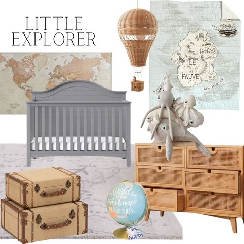 Neutral Fairytale Nursery, Baby Nursery Hot Air Balloon, World Explorer Nursery, Nursery Map Theme, World Theme Nursery, Explorer Themed Nursery, World Travel Nursery Theme, Explore Nursery Theme, Vintage Aviation Nursery