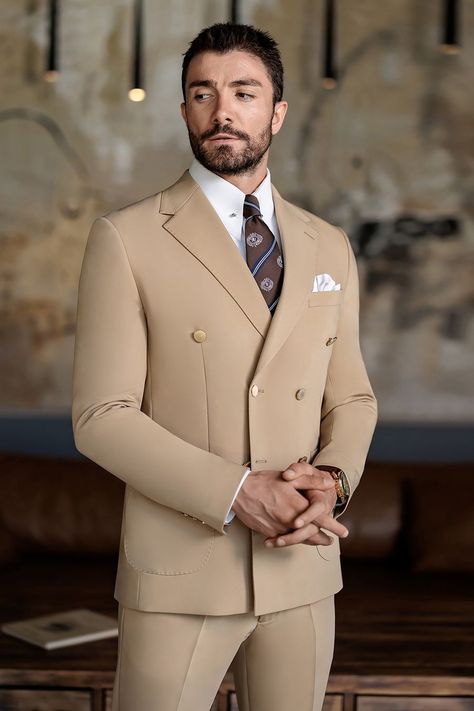 Effortlessly charming, the camel double-breasted suit 2-piece blends sophistication with an inviting warmth. It’s the perfect attire for men who know that confidence and charisma go hand in hand.  #camelsuit #mensfashion #doublebreastedsuit #warmtones #modernstyle #classicsuit #refinedstyle #mensformalwear #charismaticlook #elegantmenswear Camel Suit Mens, Bow Tie Suit, Modern Fit Suit, Suit Stores, Suit Styles, Slim Fit Suit Men, Tuxedo Blazer, Mens Formal Wear, Slim Fit Suits