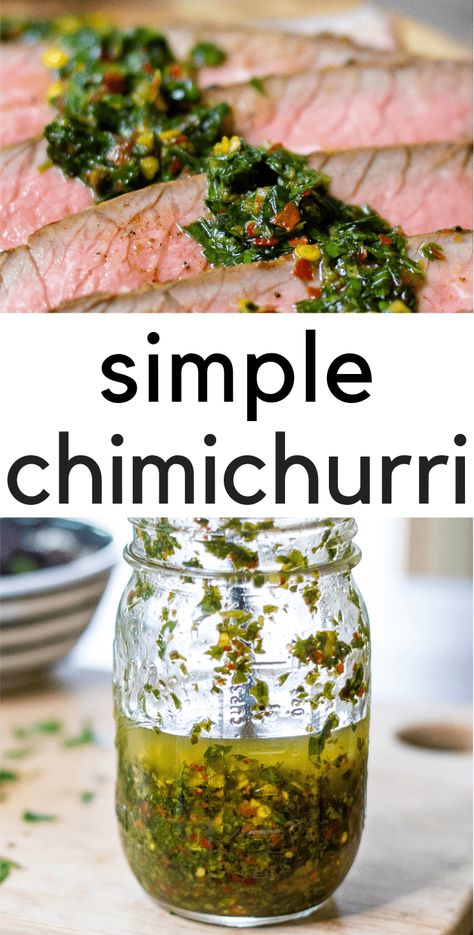 Simple, delicious chimichurri sauce to pour over everything! Goes great with steak, fish, shrimp, chicken - anything your heart desires! via @jaxxdrinkwater Easy Chimichurri Sauce, Cilantro Chimichurri, Steak With Chimichurri Sauce, Chimichurri Sauce Recipe, Chimichurri Recipe, Cilantro Sauce, Homemade Condiments, Chimichurri Sauce, Steak Sauce