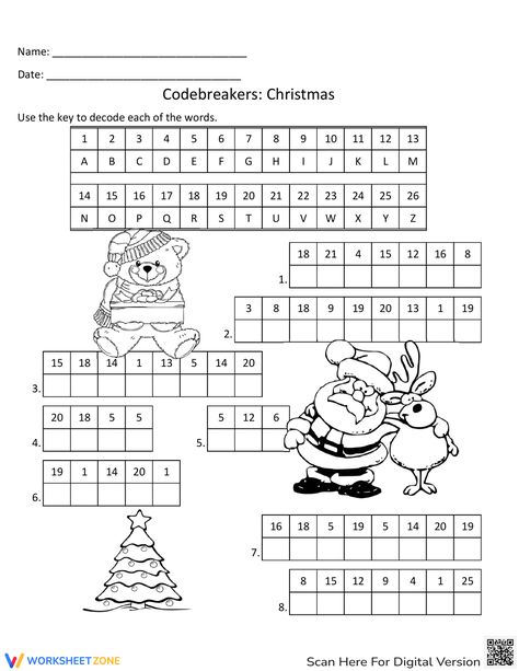 Christmas Codebreakers 1 Worksheet Free Christmas Math Worksheets 3rd Grade, Christmas Decoder Printable, Christmas Worksheets 5th Grade, 3rd Grade Christmas Activities, Winter School Activities, Holiday Worksheets For Kids, Christmas Cryptogram, Christmas Activity Worksheets, Christmas Puzzles Printables