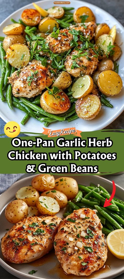 Enjoy the convenience and flavor of One-Pan Garlic Herb Chicken with Potatoes & Green Beans. This complete meal is cooked in a single pan, making cleanup a breeze. Featuring chicken seasoned with herbs and garlic, surrounded by crispy potatoes and fresh green beans, it's a nutritious and delicious dinner option for busy evenings. #OnePanMeal #HealthyDinner #GarlicHerbChicken Oven Chicken Potatoes Green Beans, Sheet Pan Chicken Potatoes And Green Beans, Green Beans Chicken Potatoes, Baked Chicken Green Beans And Potatoes, Skillet Chicken And Green Beans, Chicken And Potato Sheet Pan Recipes, 1 Pan Chicken And Potatoes, Potatoes Green Beans Chicken, Chicken And Green Beans Skillet