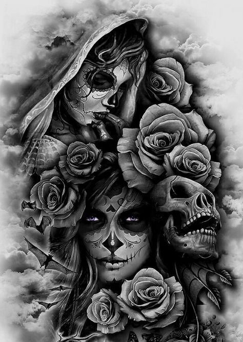 Tattoo Designs For Guys, Tato Realis, Skull Rose Tattoos, Catrina Tattoo, Skull Girl Tattoo, Skull Sleeve Tattoos, Skull Sleeve, Custom Temporary Tattoos, Men Tattoos