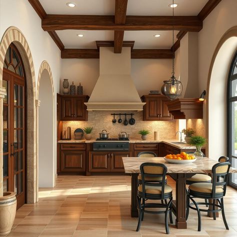 Create a sun-drenched Mediterranean kitchen with terracotta-toned cabinets featuring glass fronts. Crown molding adds elegance. #MediterraneanKitchen #VillaStyle 🌞 Meditterean Kitchen, Kitchen Elevation, Hood Range, Mediterranean Kitchen, Villa Style, Mediterranean Villa, San Diego Houses, Crown Molding, Traditional Kitchen