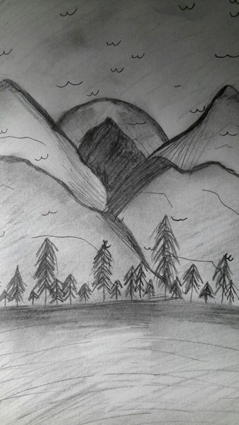 Outside Drawings Easy, Graphite Drawings Ideas Easy, Easy Landscape Ideas Drawing, Begginer Drawing Ideas Easy, Drvo Ideje, Nighttime Drawing, Landscape Drawings Easy, Nature Drawings Simple Sketch, Simple Landscape Drawing