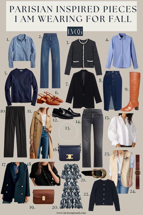 Graphic of 24 pieces of clothing Parisian Fall Capsule Wardrobe, Netherlands Outfits, Parisian Chic Style Fall, Fall Parisian Style, European Fall Fashion, French Fall Fashion, Parisian Style Fall, Parisian Fall Outfits, Classy Parisian Style