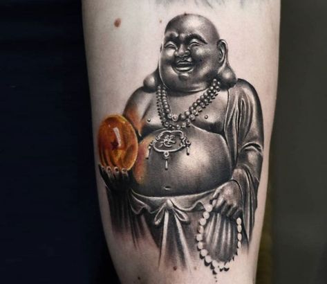 Laughing Buddha Tattoo Design, Buddha Tattoo Design Men, Fat Buddha Tattoo, Amy Tattoo, Laughing Buddha Tattoo, Buda Tattoo, Temple Tattoo, Happiness Tattoo, Avengers Tattoo