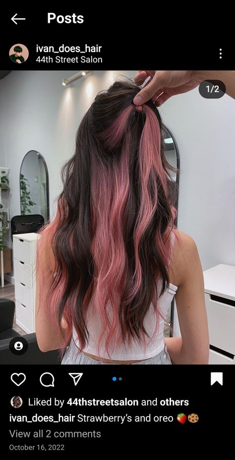 Peekaboo Fashion Color Hair, Light Pink Peekaboo Hair Dark Brown, Brown Hair Pink Peekaboo, Pisces Hair Color, Pic A Boo Hair Color, Dark Brown Hair With Pink Highlights Underneath, Subtle Peekaboo Hair Color Brunettes, Pink Peekaboo Hair Brown, Dark Pink Peekaboo Hair