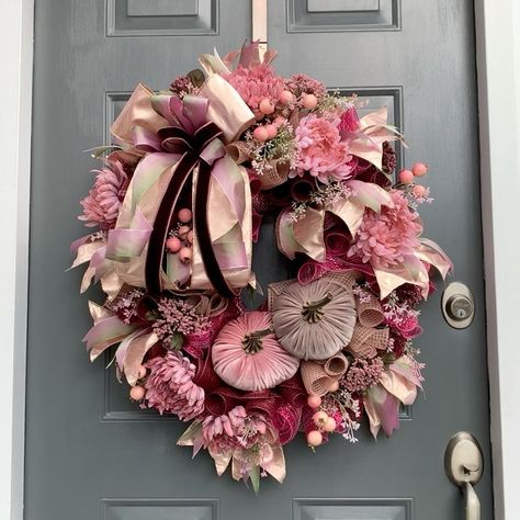 Pink Fall Wreath Ideas, Pink Pumpkin Wreath, Pink Fall Wreath, Pink Homemade Fall Door Wreath, Pink Glam Fall Decor, Pink Pumpkin Fall Wreath, Shabby Chic Halloween, Pink Thanksgiving, Valentines Day Wreath Country Pink