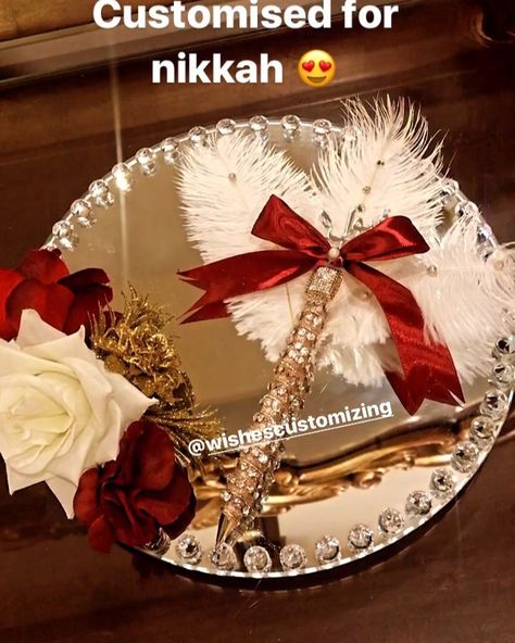 WISHES on Instagram: “Mirror tray Customised for Nikkah with our premium nikkah pen 😍 Inbox for details or whatsapp at 0336-0105053 #weddingseason…” Nikkah Tray Ideas, Nikah Pen With Tray, Nikha Pen And Mirror, Nikkah Mirror Rasam, Nikah Tray, Nikah Pen Decoration Ideas, Nikkah Details, Nikah Mirror, Nikkah Mirror