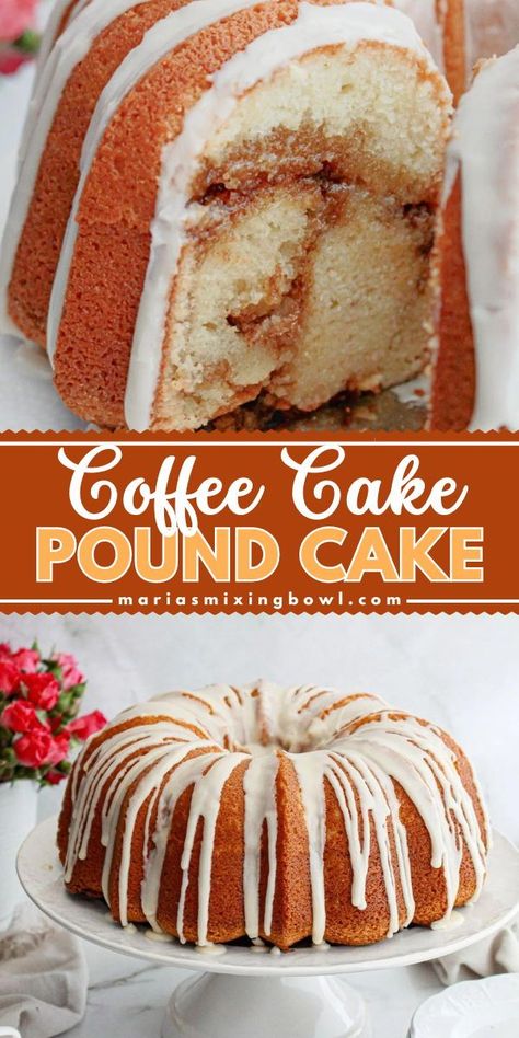 This Coffee Cake Pound Cake is a delicious and indulgent treat that is perfect for breakfast, brunch, or dessert. It combines the flavors of traditional coffee cake with the rich and moist texture of pound cake, making it the ultimate comfort food. Cinnamon Streusel Pound Cake, Easy Coffee Cake Recipes Bundt, Glaze For Coffee Cake, Cake Mix Coffee Cake Easy, Bunt Coffee Cake, Decorated Pound Cake, Cinnamon Roll Pound Cake Recipes, Pound Cake From Cake Mix Boxes, Pound Cakes Recipes