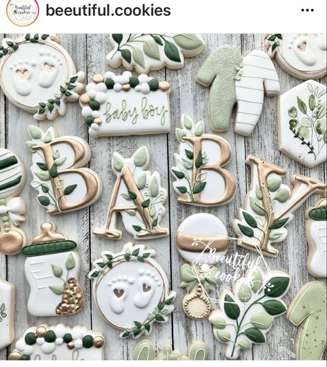 Sage Green Gender Reveal Decorations, Green And Gold Gender Reveal Party, Gender Reveal Ideas Sage Green, Sage Green Baby Boy Shower Ideas, Baby Shower Sage Green And Gold, Sage Baby Shower Cookies, Sage Green Baby Shower Cupcakes, Eucalyptus Baby Shower Cake, Boho Baby Shower Cake Boy