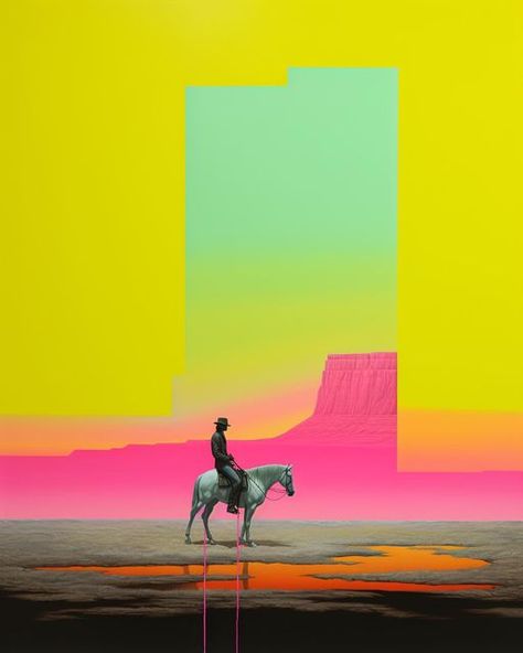 Justin Mays on Instagram: "🏜️🟨🟩🌵•Sour Diesel• Neon West - Volume 02 #neonwest #fluorescentart #popart #west #westernstyle #westernart #southwest #midwest #cowboy #horseback #canyons #cowboyart #neoncowboy #surrealart #midjourneyart #painting #aiart #sourdiesel" Neon 70s Aesthetic, Neon Cowboy Aesthetic, Cowboy Graffiti, Retro Cowboy Aesthetic, Neon Western, Western Art Paintings, Cowboy Disco, Neon Cowboy, Art Inventory