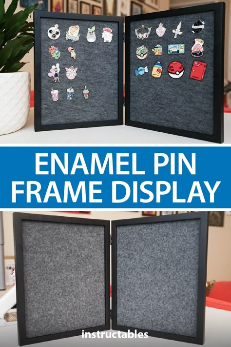 With a frame, felt, and mesh you can create a handy and decorative enamel pin frame display. #instructables #home #decor #homedecor #reuse #upcycle #collection Pin Collection Displays, Disney Pin Display, Jewelry Tree Display, Pin Board Ideas, Enamel Pin Design, Pins Badge Display, Enamel Pin Display, Pins Diy, Collection Displays