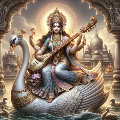 Saraswati Picture, Hindu Statues Goddesses, Saraswati Mata, Saraswati Photo, Good Morning Posters, Saraswati Statue, Saraswati Devi, Saraswati Goddess, Shakti Goddess