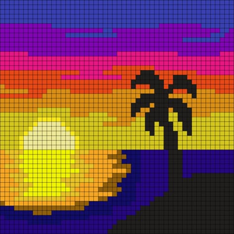 Sunset With Palm Tree Perler Bead Pattern | Bead Sprites | Misc Fuse Bead Patterns Palm Tree Perler Bead, Sunset Alpha Pattern, Perler Bead Tree, Sunset Cross Stitch Pattern, Palm Tree Tapestry, Stitch Games, Crochet Christmas Trees Pattern, Modele Pixel Art, Graph Paper Drawings