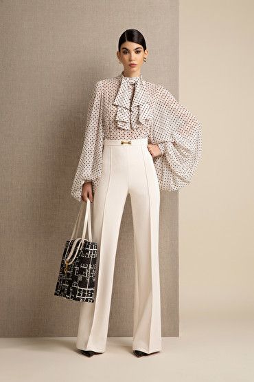 Page 1 | Elisabetta Franchi Topwear: shirts, tops, blouses, t-shirts and more Boss Lady Outfit, Feminine Blouses, Bodysuit Fashion, White Pants, Printed Blouse, Fashion Advice, Look Fashion, Classy Outfits, Work Outfit