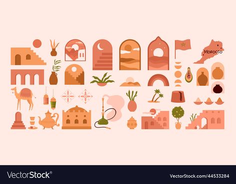 Morocco Moodboard, Hen Itinerary, Moroccan Symbols, Morocco Illustration, Tea Time Illustration, Morocco Art, Marrakech Travel, Morocco Design, City Vector