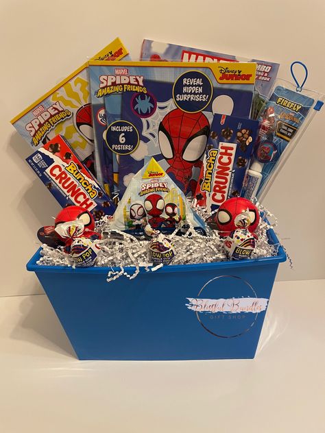 Spider Man theme gift basket. Great for Birthday, holidays, etc! The gift basket includes 1 birthday card, Spidey figures, 2 coloring books, 1 crayon box, Activity set, puzzle, Spider Man toothbrush set, bubbles, various Spider Man accessories, candy & snack assortment all in a customized name bucket! Spider Man accessories may vary. Theme Basket, 21st Birthday Basket, Spider Man Theme, Spiderman Christmas, Spider Man Birthday, Theme Baskets, Birthday Gift Basket, Bucket Gifts, Celebration Gifts