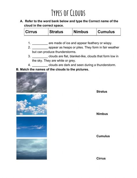 Types Of Clouds Worksheet, Free Printable Reading Worksheets, Cloud Worksheet, Clouds Worksheet, Types Of Clouds, Adverbs Worksheet, Cloud Activities, Picture Cloud, Cloud Type