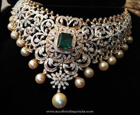 Diamond Choker Necklace from Ishwarya Diamonds ~ South India Jewels Emerald Diamond Choker, Classy Necklaces, Diamond Necklace Indian, Choker Necklace Designs, Diamond Jewelry Set, Solitaire Diamond Pendant, Diamond Choker Necklace, Jewelry Designing, Diamond Necklace Designs