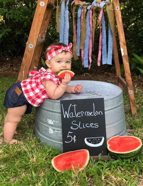 Watermelon Baby Photoshoot, Watermelon Birthday Party Theme, Photoshoot Diy, Month Pictures, Watermelon Birthday Parties, Watermelon Baby, Baby Milestones Pictures, 1st Birthday Pictures, Monthly Pictures