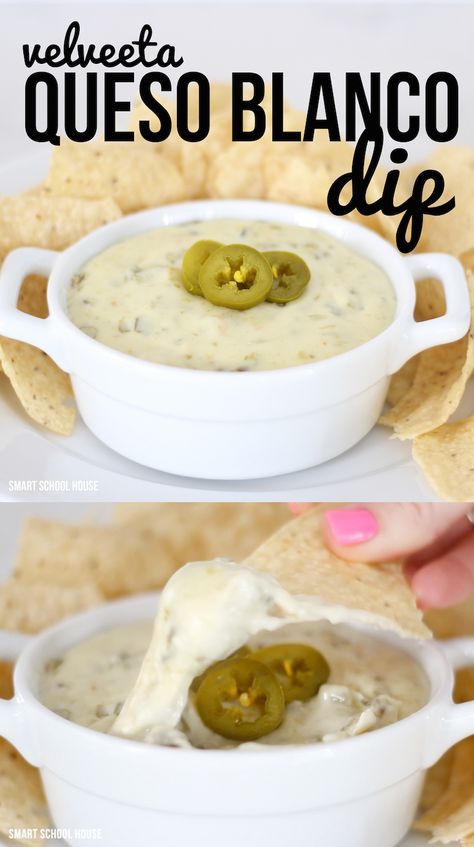 3 ingredient Velveeta Queso Blanco Dip - easy to make appetizer that everyone loves. Spicy, creamy, irresistible! Velveeta Queso Blanco Dip, Super Bowl Appetizer Ideas, Velveeta Queso Blanco, Queso Dip Velveeta, Queso Blanco Recipe, Recipes With Velveeta Cheese, Velveeta Queso, Queso Blanco Dip, Spinach Artichoke Dip Recipe