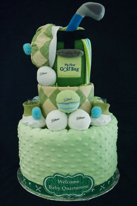 Golf Themed Diaper Cake www.facebook.com/DiaperCakesbyDiana Golf Baby Shower Cake, Golf Diaper Cake, Golf Themed Baby Shower Ideas, Golf Baby Showers, Baby Lovies, Diaper Party, Golf Baby, Baby Bouquet, Golf Cake