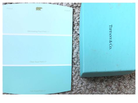 I think "Fish Pond" (P440-3) is the closest Behr paint color to Tiffany Blue.  The lightest color is "Shimmering Pool" (P440-1), and the one in the middle is Clear Aqua (P440-2). Tiffany Blue Paint Color, Behr Blue Paint, Behr Blue Paint Colors, Tiffany Blue Paint, Tiffany Blue Bathrooms, Behr Blue, Tiffany Bedroom, Tiffany Room, Small Bathroom Paint