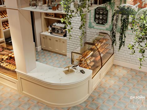 French Bakery Design Interiors, Bakery Sitting Area, Grab And Go Cafe Design, Chic Bakery Interior, Sea Cafe Design, Small Pastry Shop Design, Floral Bakery Interior, Cottagecore Bakery Interior, Simple Bakery Interior