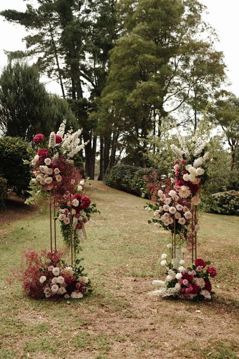 Glasshouse Mountains, Romantic Elopement, Flower Tower, Floral Frames, Mornington Peninsula, Ceremony Wedding, Sydney Wedding, Rich Color Palette, Event Flowers