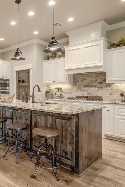 Barndominium Kitchen Backsplash, Rustic Modular Homes, Fox Fire, Brick Backsplash Kitchen, Farmhouse Kitchen Inspiration, Farmhouse Kitchen Backsplash, House Makeovers, Kitchen Addition, Brick Kitchen