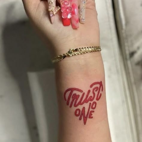 Im Perfection Tattoo, Cute Above Knee Tattoos Women, Lovers Name Tattoo Ideas, Keep It 100 Tattoo, Credit Card Size Tattoo Ideas, Trust None Tattoos, Cute Red Tattoos For Women, Hard Tattoos For Women, Lil Tattoos Ideas Simple