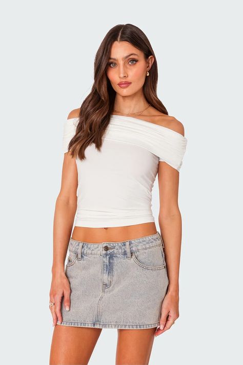 Strawberry Gathered Fold Over Top – edikted Off The Shoulder Fold Over Top, Swimwear Dress, Cropped Tube Top, Shoulder Crop Top, White Crop Top, Fold Over, S Models, Model Height, Cotton Spandex