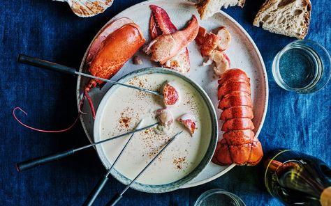 Lobster thermidor fondue recipe Lobster Fondue, Lobster Thermidor, Fondue Recipe, Metal Skewers, Fondue Recipes, Fish Stock, Crusty Bread, White Bread, Cayenne Peppers