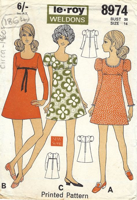 1960s Vintage Sewing Pattern B36" DRESS (1864) Barbara Hulanicki (Biba) Biba Fashion, Barbara Hulanicki, Vintage Vogue Sewing Patterns, Patron Vintage, Sew In Weave, 60s And 70s Fashion, Couture Mode, Couture Vintage, 1960s Fashion