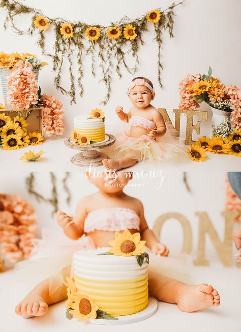 Sunflower Cake Smash – Iliasis Muniz Photography Sunflower Cake For 1st Birthday, Sunshine Cake Smash Photography, Sunflower Cake Smash First Birthdays, Sunflower First Birthday Photoshoot, 1 Year Sunflower Birthday, One Year Old Sunflower Birthday, Blue Gingham And Sunflower Party, Bee And Sunflower First Birthday, Pumpkin And Sunflower 1st Birthday