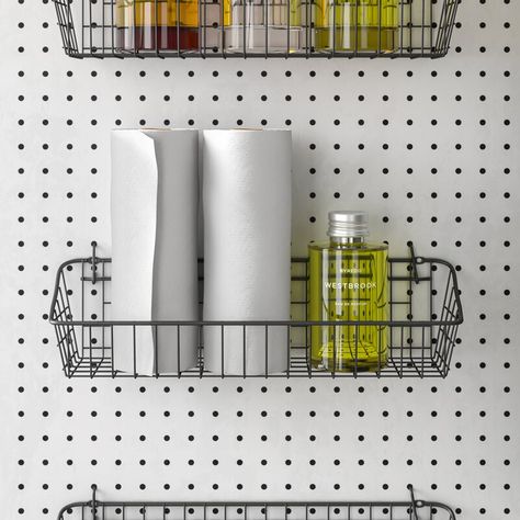 Pegboard Baskets, Pegboard Bins, Storage Furniture Design, Steel Pegboard, Slatwall Accessories, Pantry Bin, Shed Organization, Dream Laundry Room, Organizer Ideas