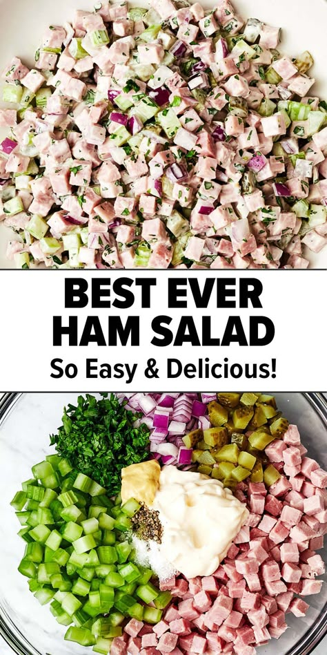 Ham salad recipe Healthy Ham Meals, Healthy Ham Salad Recipe, What To Make With Deli Ham, Keto Ham Salad Recipe, Chopped Ham Salad, Shaved Ham Recipes Dinners, Ham Dishes Easy, Ham Dishes Leftover, Best Ham Salad Recipe