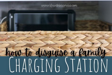 How to disguise a family charging station. So simple! Charging Center Ideas, Hidden Charging Station Ideas Kitchen, Family Phone Charging Station, Hide Charging Station, Hiding Charging Station, Charging Station Organization, Organized Charging Station, Basket Charging Station, Device Organization Ideas