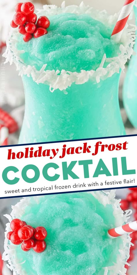 This fun and festive cocktail is named after the infamous Jack Frost, and despite it being a winter drink, it has a delightfully sweet and tropical flavor! It's perfect for all your winter holiday gatherings, and is a nice change from the typical warm drinks served this time of year. Drunken Snowman Drink, Christmas Themed Alcoholic Drinks, New Years Drinks Cocktails, Jack Frost Cocktail, Christmas Themed Drinks, Easy Dinner Desserts, Frozen Drinks Alcohol, New Year's Drinks, The Chunky Chef