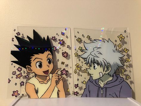 Hunter x Hunter Anime Glass Painting: Gon and Killua Gon And Killua Glass Painting, Hunter X Hunter Glass Painting, Hunter X Hunter Diy Crafts, Hunter Hunter Painting, Hunter X Hunter Painting Canvases, Gon And Killua Painting, Glass Painting Designs Anime, Glass Paintings Anime, Glass Anime Painting