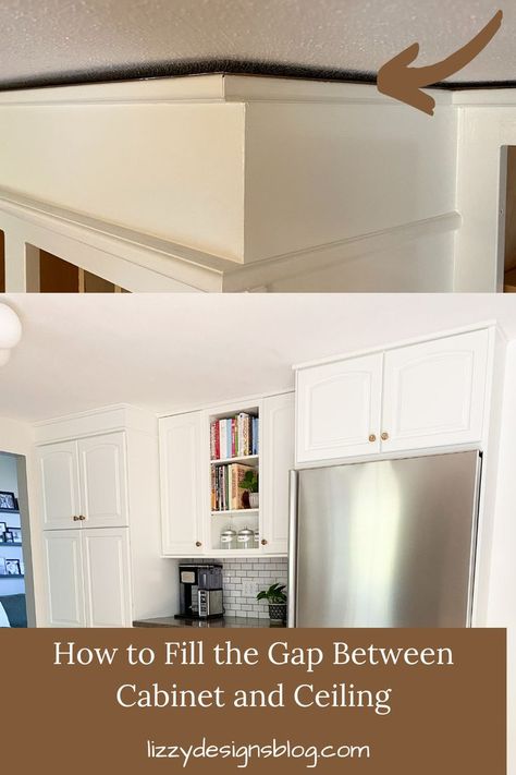 Find out how to fill the gap between cabinet and ceiling Gap On Top Of Cabinets, Gap In Kitchen Cabinets, Scribe Molding On Cabinets, Gap Between Cabinets And Ceiling, Kitchen Cabinet Ceiling Gap, Gap Above Kitchen Cabinets, Kitchen Cabinets Trim, Kitchen Cabinet Crown Molding, Kitchen Cabinets To Ceiling