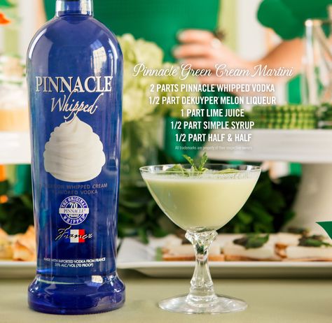 Leave guests feeling lucky with the #Pinnacle Green Cream Martini. #StPaddysDay #StPaddys #GreenCocktails #Cocktails #PinnacleVodka Pinnacle Vodka Recipes, Whipped Vodka Drinks, Vodka Flavors, Pomegranate Vodka, Mango Vodka, Pinnacle Vodka, Coconut Vodka, Whipped Vodka, Whipped Cream Vodka