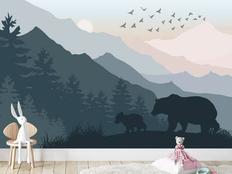 Nursery Wall Mountains, Blue Bear Nursery, Mountain Nursery Mural, Mountain Mural Kids Room, Woods Mural, Woodland Wall Mural, Forest Kids Room, Mountain Nursery Wall, Woodsy Nursery