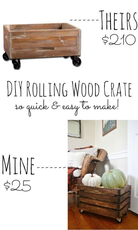 DIY rolling wood crate - so quick & easy to make!! Magazine Basket, Desk Diy, Crate Ideas, Liz Marie, Crate Diy, Rolling Storage, Fall And Halloween, Rolling Cart, Diy Holz